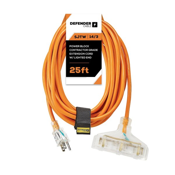 Defender Cable 14/3 Gauge, 25 ft SJTW POWERBLOCK w Lighted End, UL and ETL Listed Extension Cord DCE-211-25